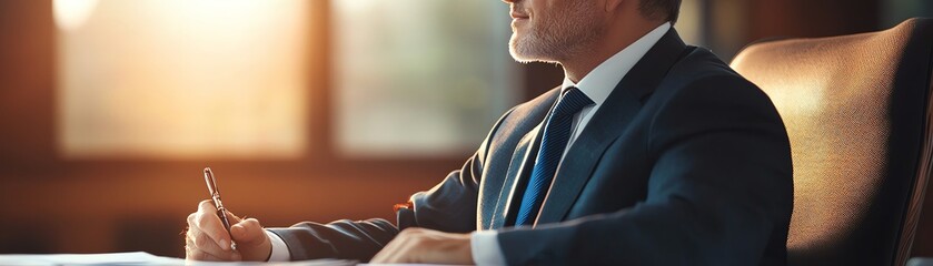 Fototapeta premium Businessman in a suit working at his desk with natural light coming through the window, highlighting a professional work environment.