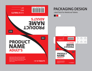 Label pack for medicinal tablets, label medicine paper design, medicine packaging design, healthcare product design. product label, realistic mock-up. wave background concept. vector illustration