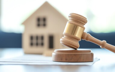 Wooden gavel and small house model on table represent real estate law, property auction, and legal judgment in housing matters.