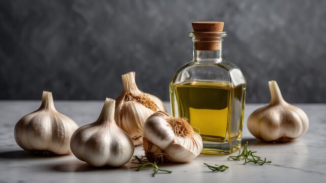 Bottle of garlic oil with fresh garlic bulbs.