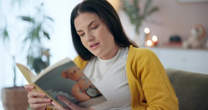 Reading, smile and woman in living room, relax and reader of fantasy in apartment, break and book. Home, enjoy and person with peace in weekend, couch and girl learning with story of novel in house