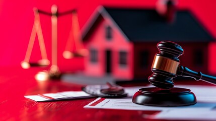 A gavel and legal documents in front of a model house and scale symbolize real estate law, property rights, and legal judgments.
