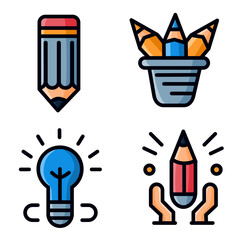 Set of cute pencil, pencil case and lamp icon with pink, blue, gray, and orange colors