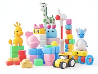 Fototapeta premium Vibrant Toy Store Display with Colorful Wooden Blocks Plush Animals and Board Games on Clean White Background