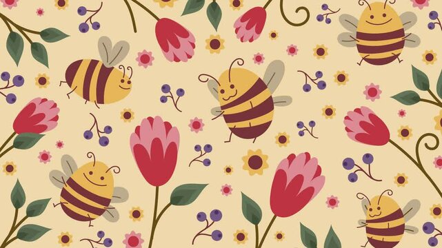 cute bee in flower garden autumn motion stop video, flower garden animation video