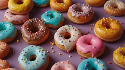 Top view of assorted donuts with colorful icing and decorations.