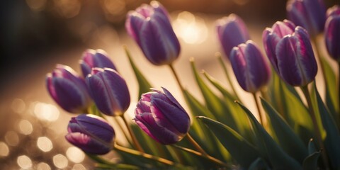 Purple Tulips Illuminated by Golden Sunlight.