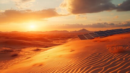 Naklejka premium Desert landscape with wind-blown sand dunes, solar panels.