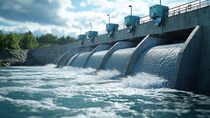 Hydroelectric dam generating renewable energy. Water flowing through turbines.