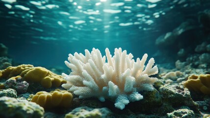 Coral bleaching on reef. Pale, dying corals.