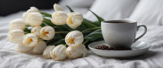 Cup of coffee and white tulips on the white bed.