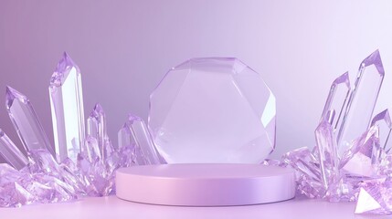 A sleek 3D podium with a spacious top, framed by abstract crystal shapes, set against a light purple background, ideal for jewelry and luxury advertising