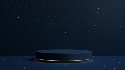 A minimalist 3D podium with ample empty space on top, set against a rich navy blue background, with subtle star-like lights to highlight space and astronomy-themed advertising