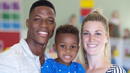 portrait of a mixed race married couple and their adopted African child at a school event