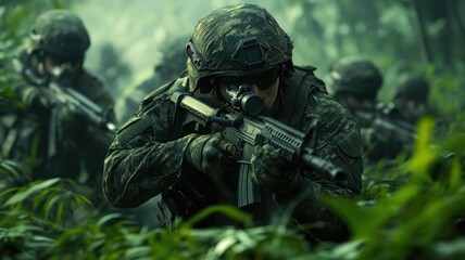 Soldiers in jungle ambush. Camouflaged, ready to engage.