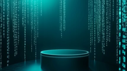 A minimalist 3D podium with empty space on top, set against a dark teal background, framed by glowing data streams, perfect for cybersecurity advertising