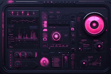 Futuristic control panel with vibrant pink and black design, featuring graphs, buttons, and dynamic displays for technology enthusiasts.