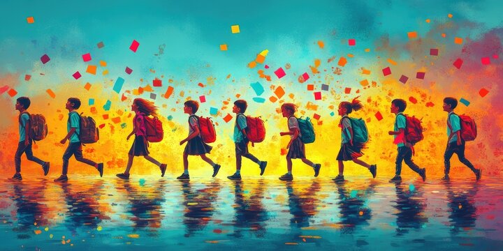 Students walking in a vibrant new school environment during the afternoon hours