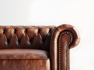 Obraz premium Vintage Worn Leather Sofa with Intricate Stitching on Pristine White Background