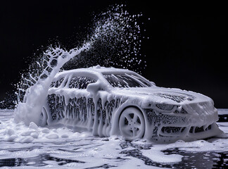 Manual car wash with white soap, foam on the body on a car wash with foam and water. Car covered foam and soap for car wash on black background.
