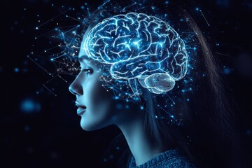 Psychopharmacology Neuroplasticity Side profile of a woman with a glowing digital brain network symbolizing the integration of technology and human thought
