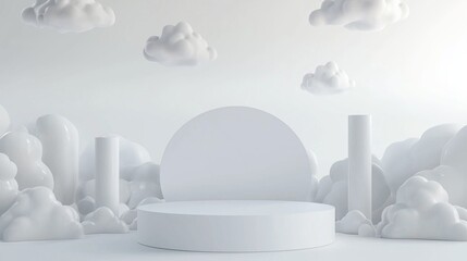 A sleek 3D podium with a large empty area, surrounded by abstract cloud patterns, set against a bright white background, perfect for cloud computing and tech services advertising