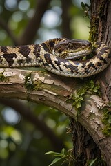 Fototapeta premium Beautiful snake python crawling on a tree branch. vertical photo