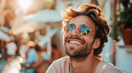 Portrait of a happy man in sunglasses walking through the streets of the city at sunset. Tourism concept, walking.