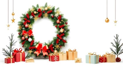 Sparkly and Festive Christmas backdrop featuring a large red and gold wreath, snowflakes, and presents, isolated on a white background.