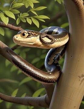 Beautiful cartoon snake python crawling on tree branch. vertical photo