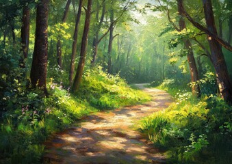 Fototapeta premium Oil painting depicting a scenic path through a vibrant summer forest showcasing lush greenery and natural beauty