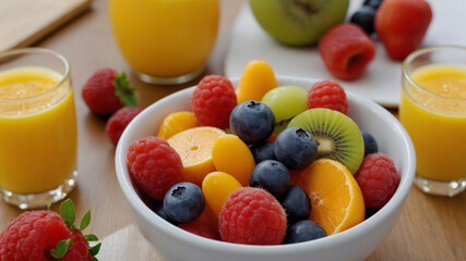 A healthy breakfast with assorted fruits on the table creates an ideal backdrop for showcasing nutritious meals.