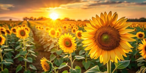 Medium shot of beautiful sunflowers glowing in golden sunlight