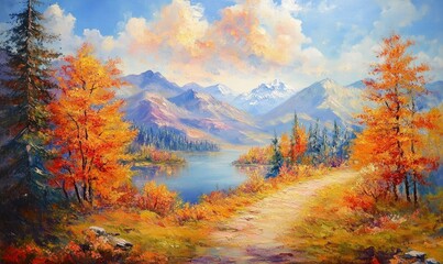Oil painting depicting an autumn landscape with vibrant colors showcasing the beauty of a serene mountainous area