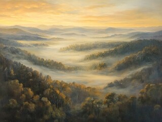 Obraz premium Oil painting depicting an aerial view of a fog covered valley at sunrise showcasing the serene beauty of the landscape