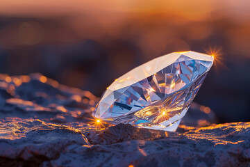 Obraz premium Large diamond shines in the rays of the setting sun lying on a stone. The diamond sparkles and shimmers, reflecting the sunlight. Wealth, luxury, beauty and value concept.