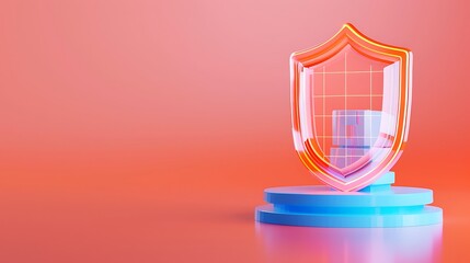 3D illustration of a transparent shield protecting a digital structure on a pedestal, symbolizing cybersecurity and data protection.