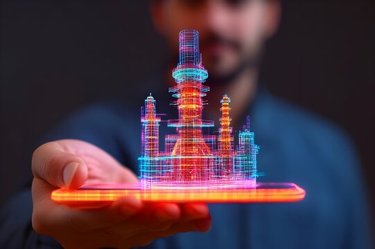 Engineer holding tablet to inspect structure displayed in holographic form. Photo. Future technology. Generative AI.