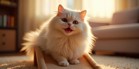 fluffy striped cat in the warm rays of the sun