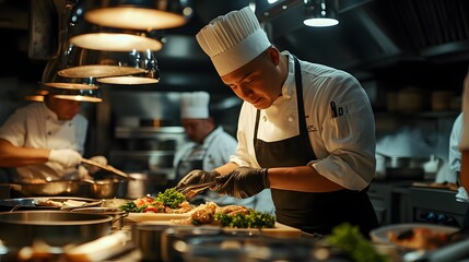 An intimate kitchen setting with chef interaction and high-detail gourmet dishes