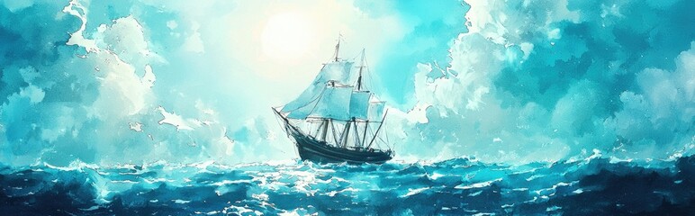 Watercolor illustration of a ship navigating the ocean under a bright sun