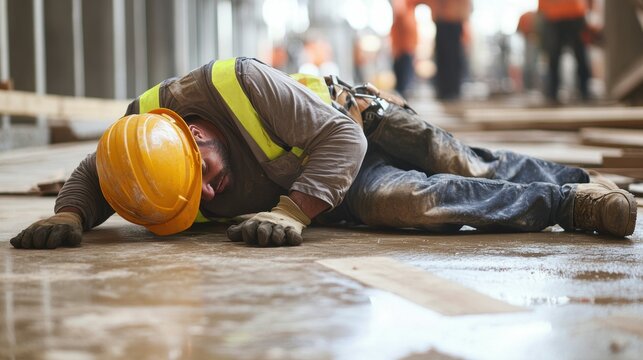 A construction worker experiencing a slip-and-fall accident on a floor at a construction site 