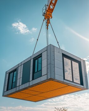 A modern prefab container being lifted by a crane against a clear blue sky. Ideal for construction and architecture themes.