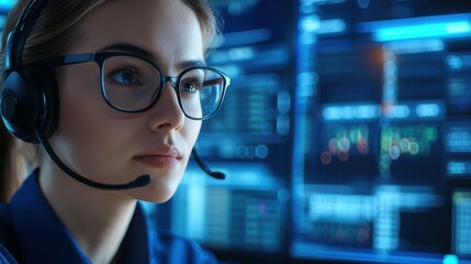 Woman with headset and glasses for questions about technology and information. cyber protection