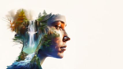 Rostro de mujer con doble exposici&oacute;n de cascada y naturaleza en pintura acr&iacute;lica con esp&aacute;tula