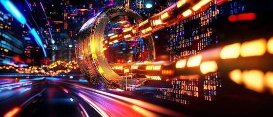 Obraz premium Futuristic cityscape with vibrant lights and dynamic motion, showcasing a surreal blend of technology and urban life.