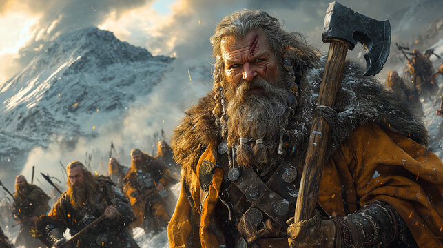 dwarf warrior chieftain leading his clan through the snowy mountains at dawn with a fierce expression and an axe in hand