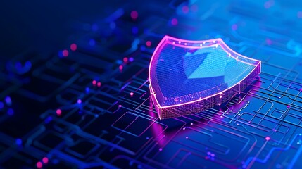 3D shield icon represents cybersecurity on a digital circuit board. Bright colors highlight protection concepts.