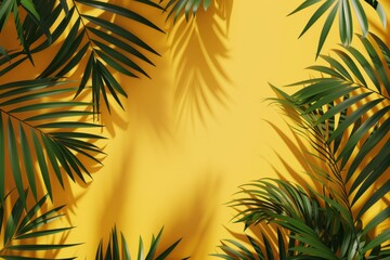 Naklejka premium Flat lay frame with palm green leaves on yellow background with copy space. desktop wallpaper with palm leaves. backdrop or green leafy tropical forest patterns for design elements.