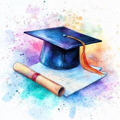 Colorful watercolor illustration of a graduation cap and diploma, symbolizing achievement and educational success.